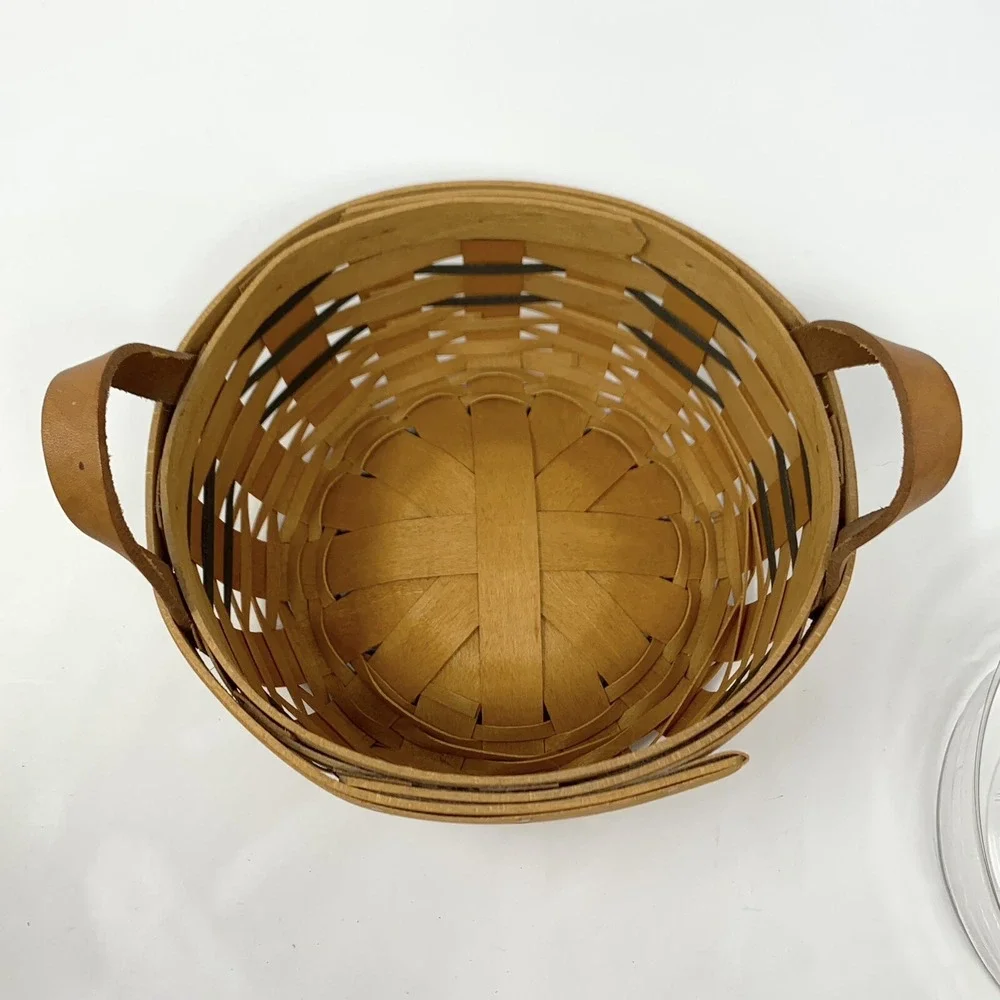 Longaberger 1996 Round Basket Leather Handles 6.5 Inch Fabric Liner, Protector